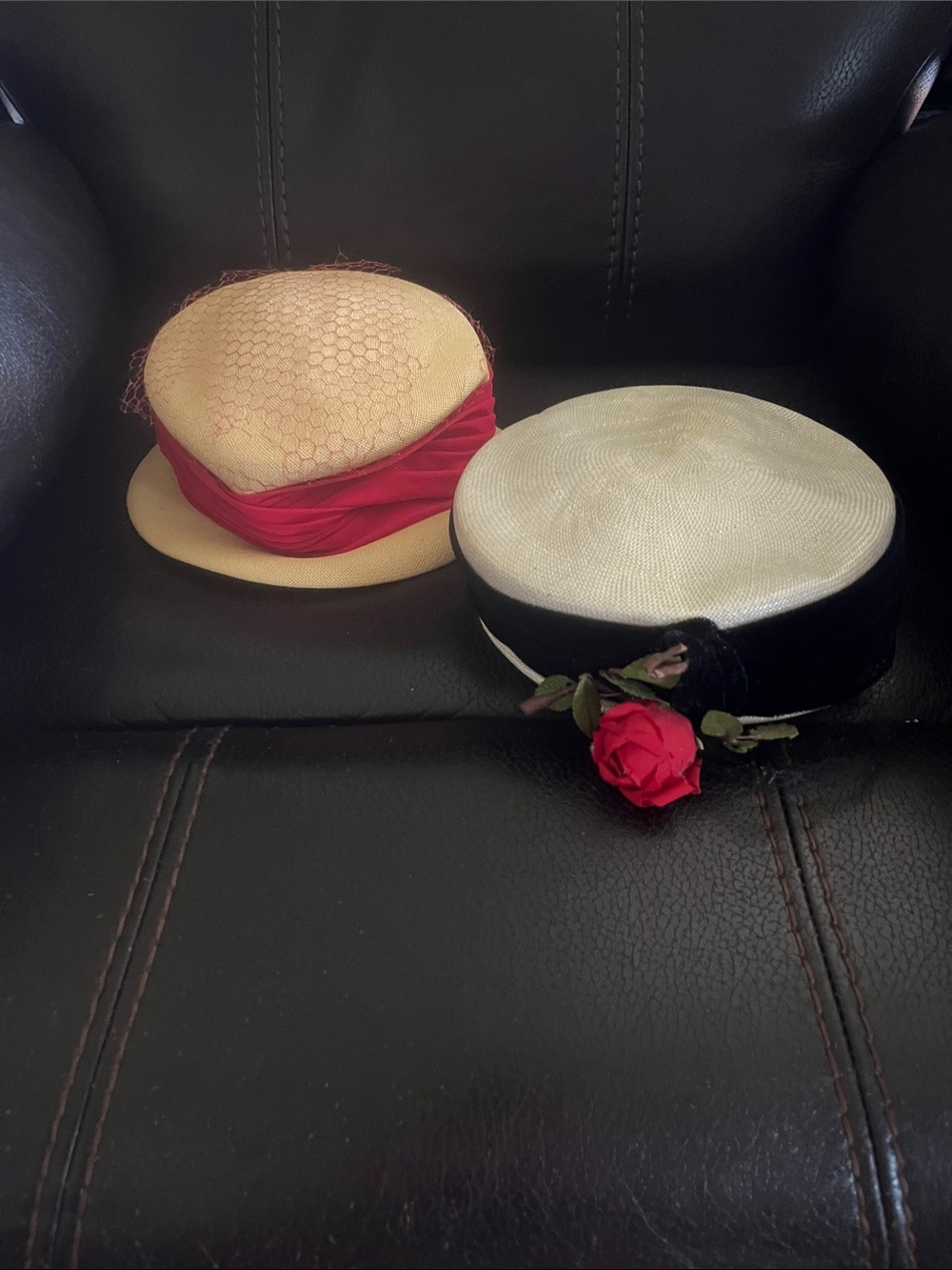 Vintage Women's Red and Cream Straw Pillbox Hats - Elegant Floral Accent